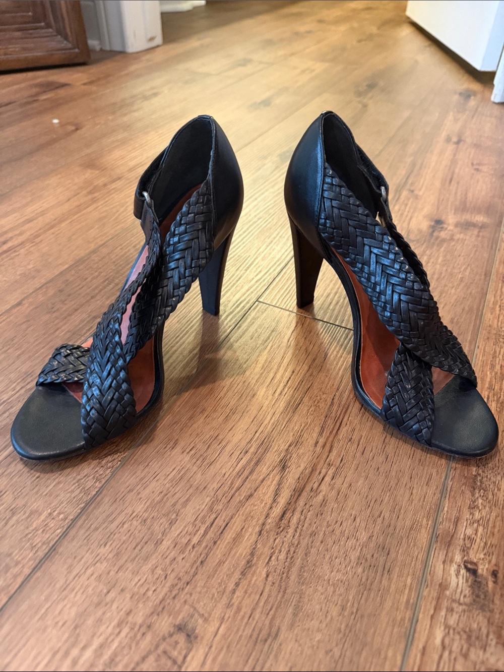 ANTONIO MELANI Black Woven Leather High Heel Sandals with Crossover Straps